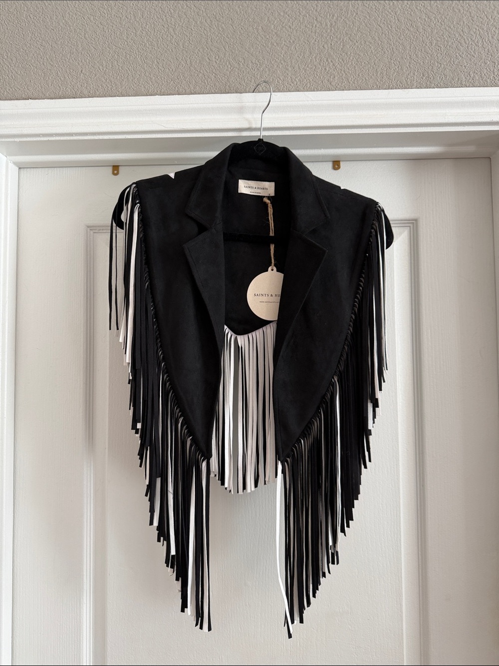 Saints & Sinner Black Suede Fringe Vest with White Trim